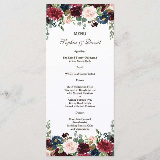 Elegant Merlot Navy Blue Floral Wedding Menu (Front)