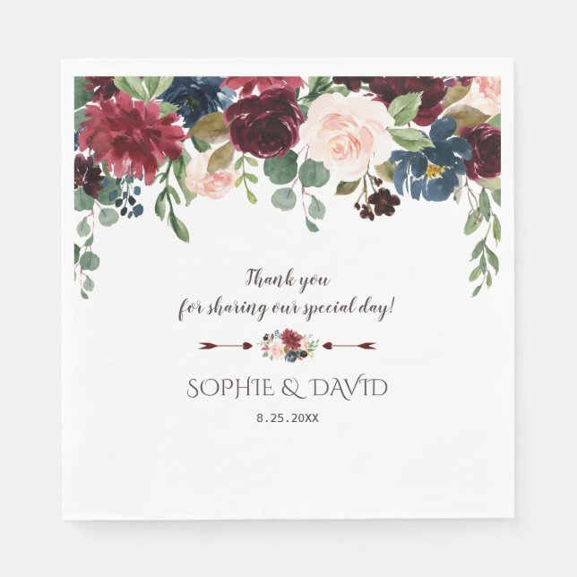 Elegant Merlot Navy Blue Floral Wedding Napkin (Front)