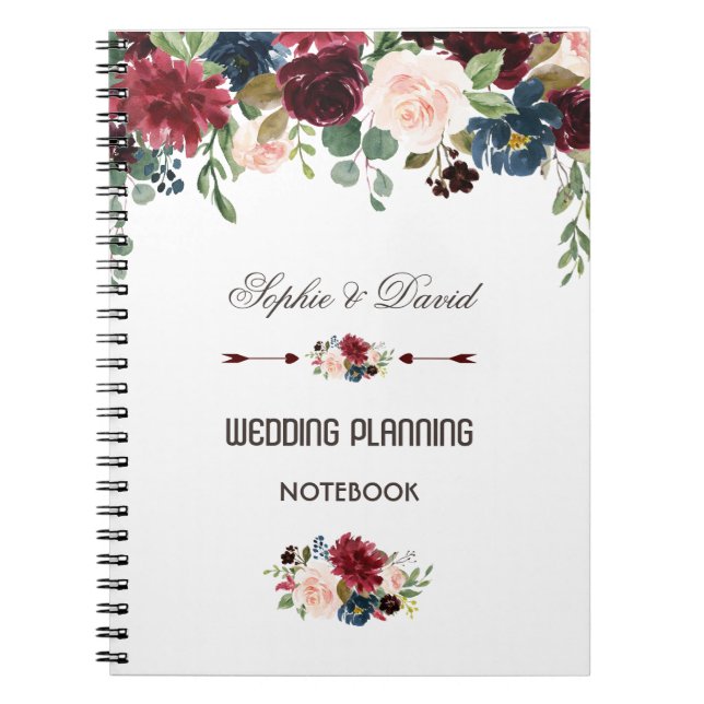 Elegant Merlot Navy Blue Floral Wedding Planner Notebook (Front)