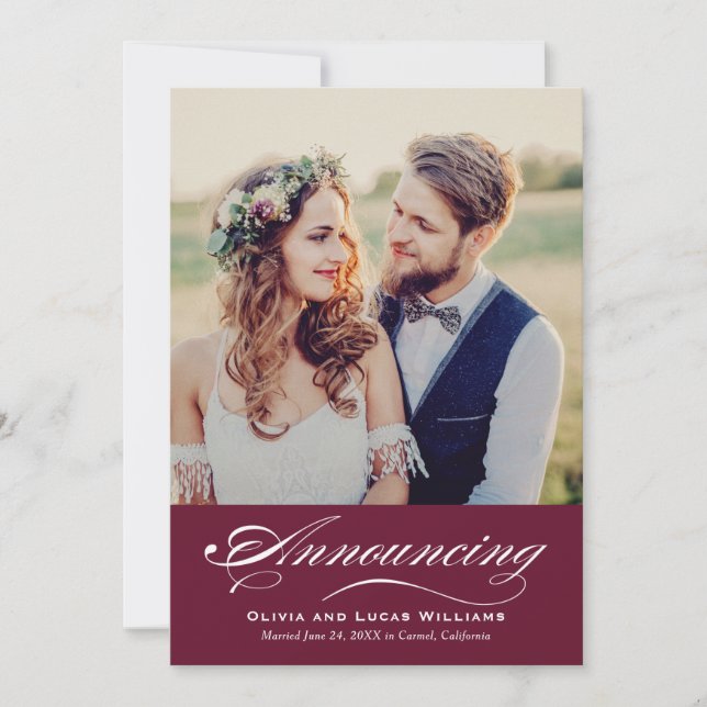 Elegant Merlot Script Wedding Photo Reception Invitation (Front)
