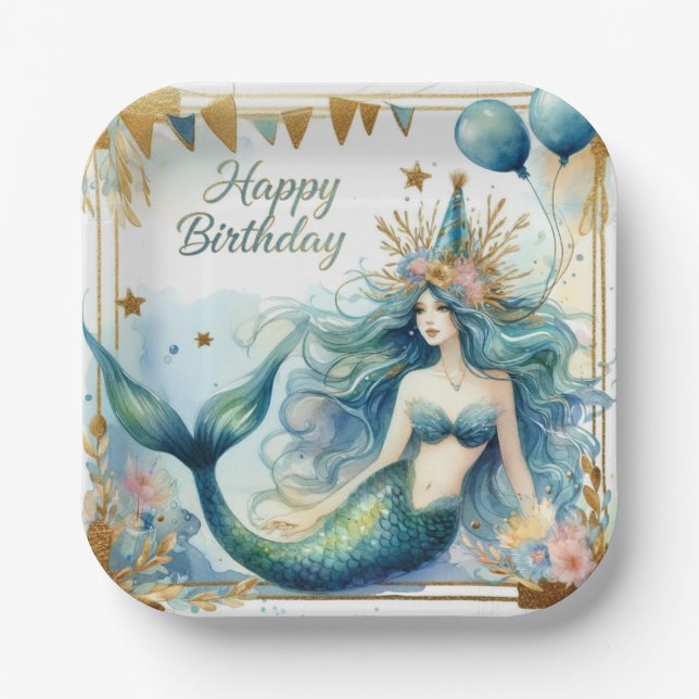 Elegant Mermaid Birthday Blue Gold Floral Paper Plate (Front)