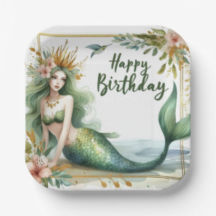 Elegant Mermaid Birthday Green Gold Floral Paper Plate