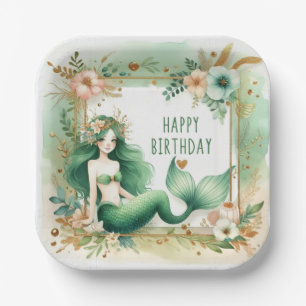 Elegant Mermaid Birthday Green Gold Floral Paper Plate