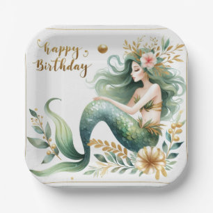Elegant Mermaid Birthday Green Gold Floral Paper Plate