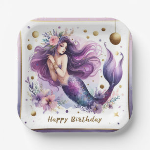 Elegant Mermaid Birthday Paper Plate Purple Floral