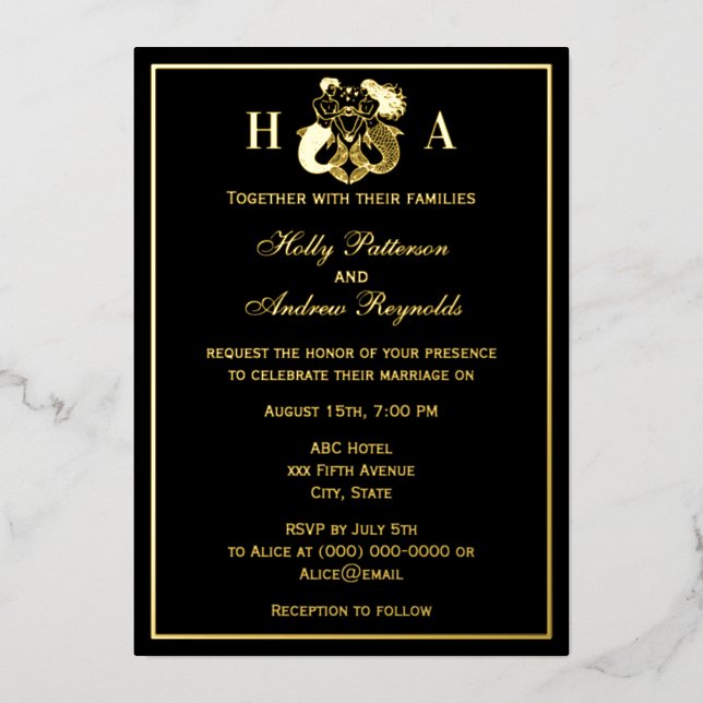 Elegant Mermaid & Merman Wedding Foil Invitation (Front)