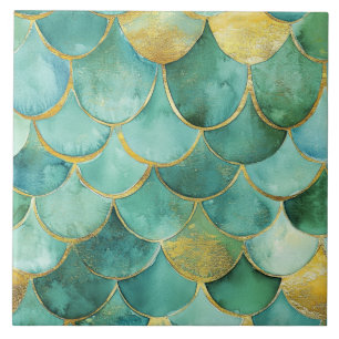 Elegant Mermaid Scales in Teal and Gold Seamless Ceramic Tile