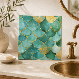 Elegant Mermaid Scales in Teal and Gold Seamless Ceramic Tile