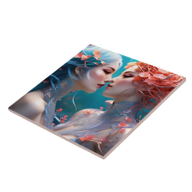 Elegant Mermaids Embracing Underwater Blossoms Ceramic Tile (Side)