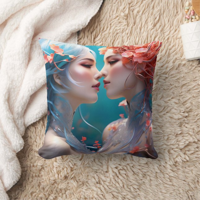 Elegant Mermaids Embracing Underwater Blossoms Cushion (Blanket)