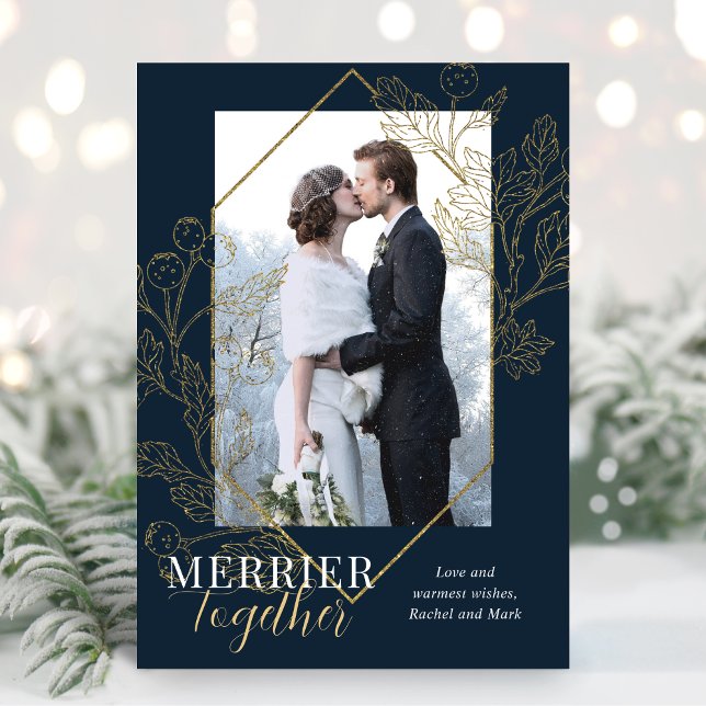 Elegant Merrier Together Newlywed Christmas Photo  Holiday Card (Creator Uploaded)