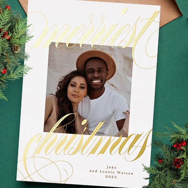 elegant merriest christmas calligraphy photo gold foil holiday card (Creator Uploaded)