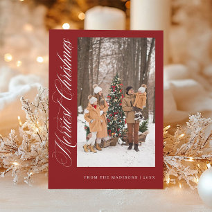 Elegant Merriest Christmas Family Photo Red Holiday Card