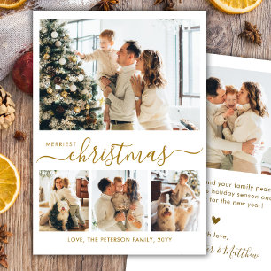 Elegant Merriest Christmas Gold Script 4 Photo  Holiday Card