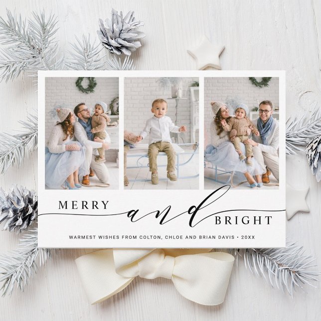 Elegant Merry and Bright 3 Photo Holiday Card (Creator Uploaded)