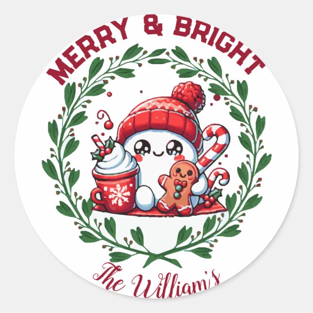 Elegant Merry and Bright Christmas  Classic Round Sticker (Front)