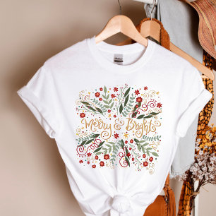 Elegant Merry and Bright Floral Christmas Holiday T-Shirt