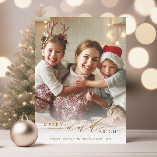 Elegant Merry and Bright Gold Script Photo Holiday Card