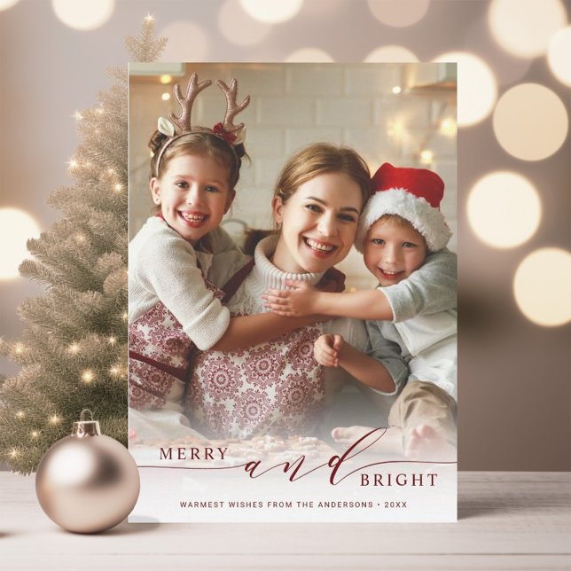 Elegant Merry and Bright Red Script Photo Holiday Card (Creator Uploaded)