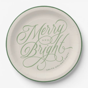 Elegant Merry and Bright script holiday custom Paper Plate