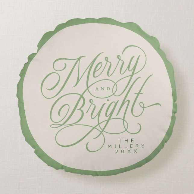 Elegant Merry and Bright script holiday custom Round Cushion (Front)