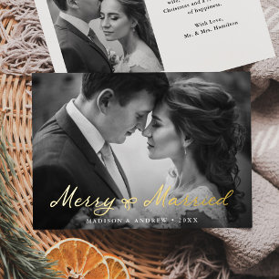 Elegant Merry and Married Bow Newlywed Photo Foil Holiday Card