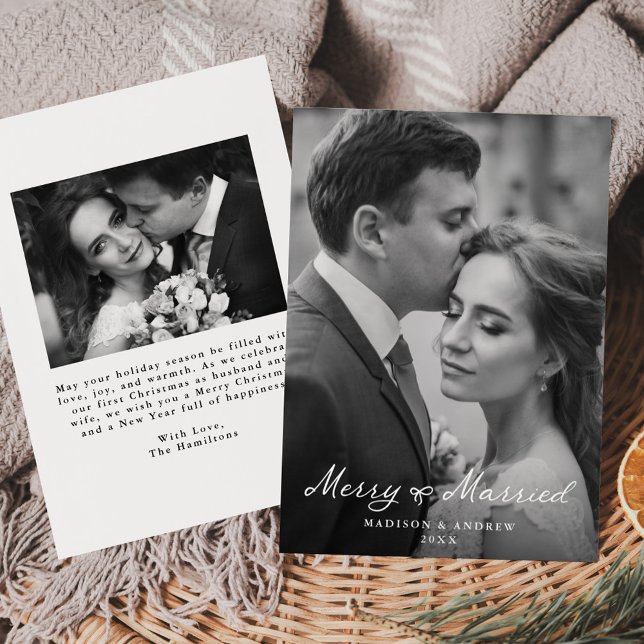 Elegant Merry and Married Bow Newlywed Photo Holiday Card (Creator Uploaded)