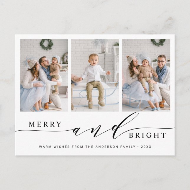 Elegant Merry & Bright 3 Photo Holiday Postcard (Front)
