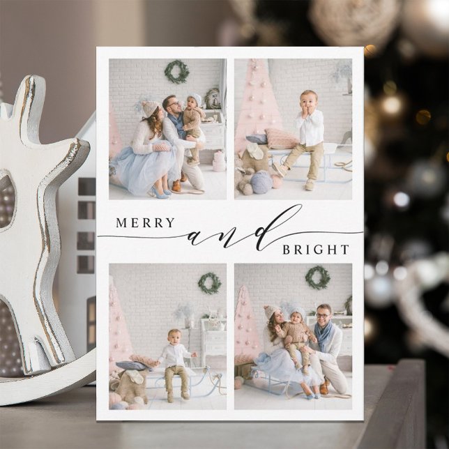 Elegant Merry & Bright 4 Photo Collage Holiday Card (Creator Uploaded)
