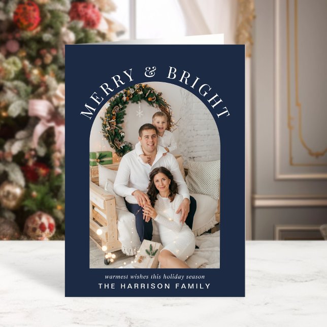 Elegant Merry Bright Arch Photo Blue Christmas Card (Creator Uploaded)