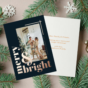 Elegant Merry & Bright Black Christmas Rose Gold Foil Holiday Card