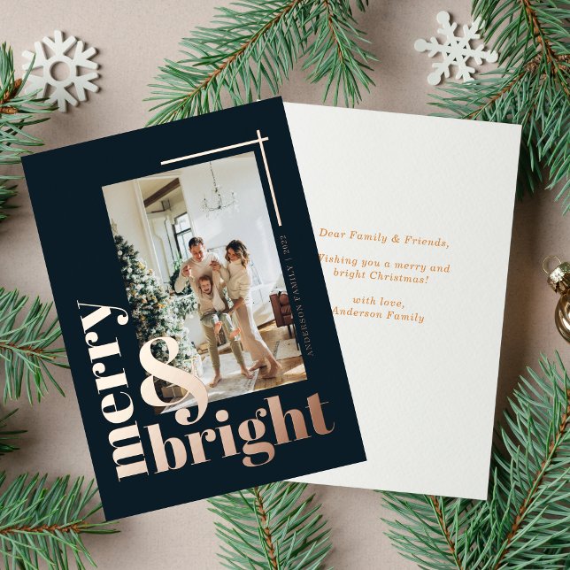 Elegant Merry & Bright Black Christmas Rose Gold  Foil Holiday Card (Creator Uploaded)