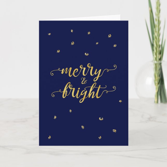 Elegant Merry & Bright Gold & Blue Photo Card (Front)