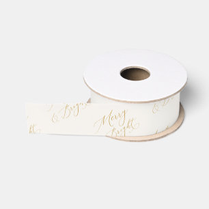 Elegant Merry & Bright Gold Script Christmas Grosgrain Ribbon