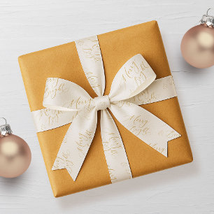 Elegant Merry & Bright Gold Script Christmas Grosgrain Ribbon