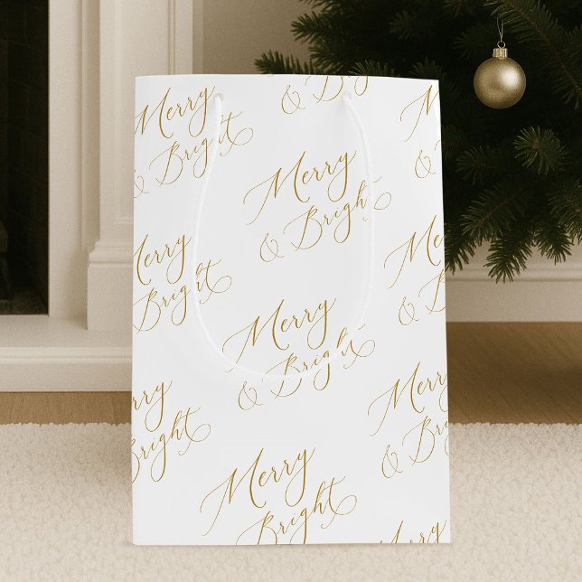 Elegant Merry & Bright Gold Script Christmas Medium Gift Bag (Creator Uploaded)