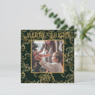 Elegant Merry & Bright Photo Green Vintage Holiday Card