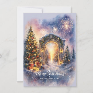 Elegant Merry Christmas 2026 Winter Gateway Scene Holiday Card