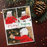 Elegant Merry Christmas 3 Photo Cute Magnet Card<br><div class="desc">Elegant Merry Christmas photo magnetic card with beautiful cursive typography in red and green. This modern holiday family photograph card features gorgeous script and your name over 3 photos. Customise the magnet with your own message.</div>