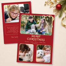 Elegant Merry Christmas 4 Photo Bow Red and Gold