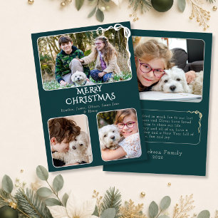 Elegant Merry Christmas 4 Photo Bow Teal & Silver Foil Holiday Card