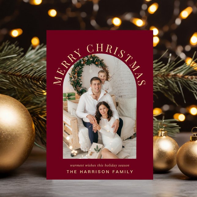 Elegant Merry Christmas Arch Photo Burgundy Holiday Card (Share the love and warmth of the season with an elegant arch photo Christmas card)