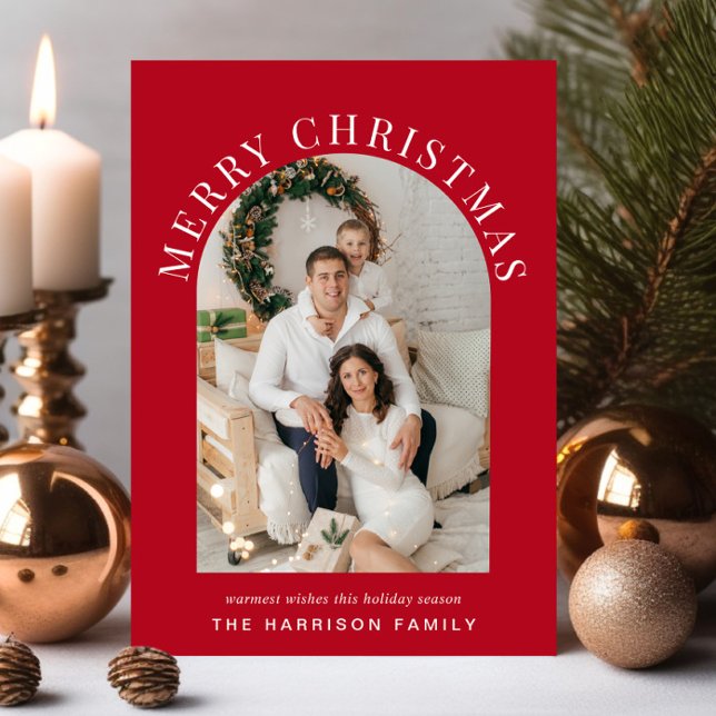 Elegant Merry Christmas Arch Photo Red Holiday Card (Share the love and warmth of the season with an elegant arch photo Christmas card)