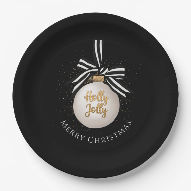 Elegant Merry Christmas Bauble Black  Paper Plate (Front)