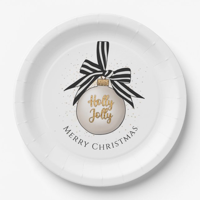 Elegant Merry Christmas Bauble White Black  Paper Plate (Front)