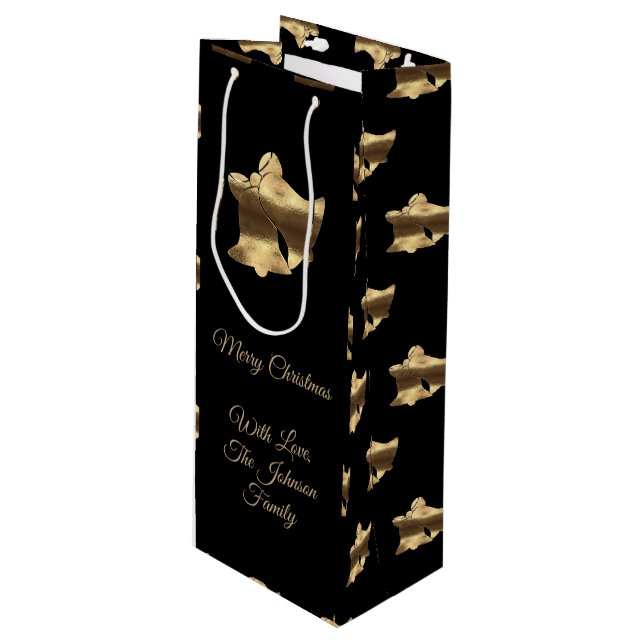 Elegant Merry Christmas Bells Black and Gold Look Wine Gift Bag (Front Angled)