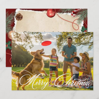 Elegant Merry Christmas Berries Back Photo White Holiday Card