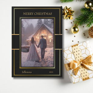 Elegant Merry Christmas Black Gold Couple Photo  Holiday Card
