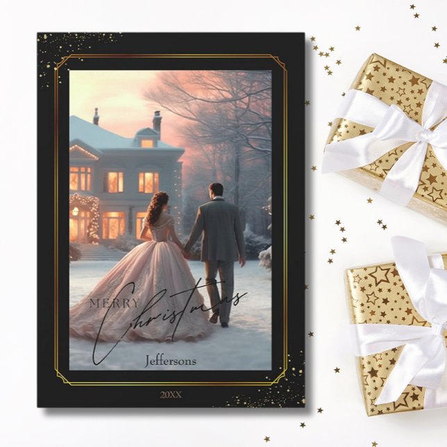 Elegant Merry Christmas Black Gold Couple Photo  Holiday Card (Creator Uploaded)