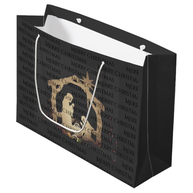 Elegant Merry Christmas Black Gold Nativity Large Gift Bag (Front Angled)
